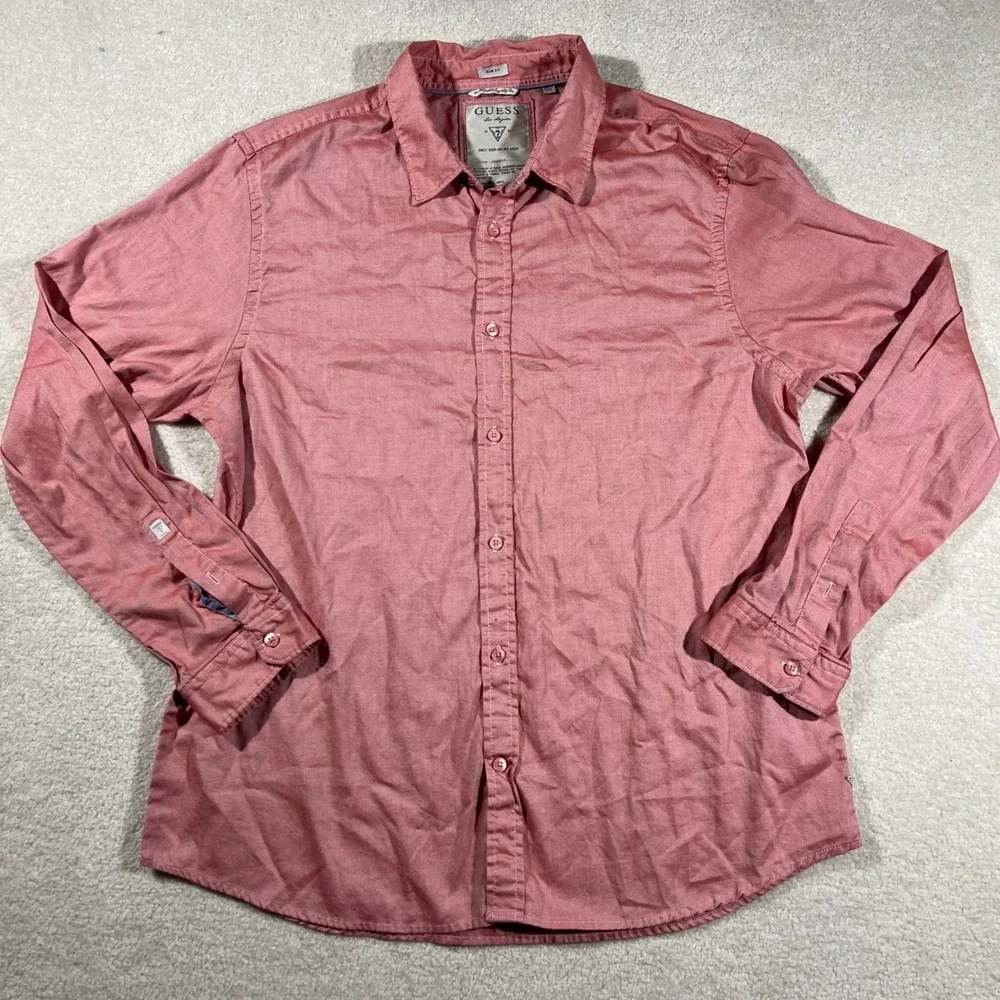 Guess Button Down Shirt Mens XXL Salmon Pink Slim Fit Long Sleeve Cotton‎ Oxford
